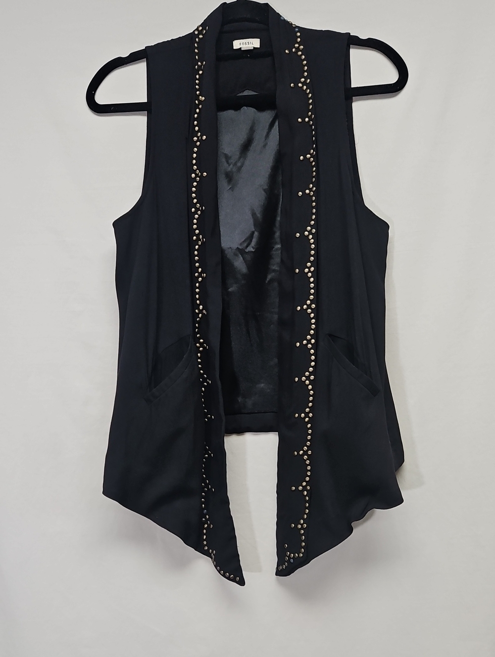 Fossil Womens M Black Studded Draped Open Front Vest Boho Western